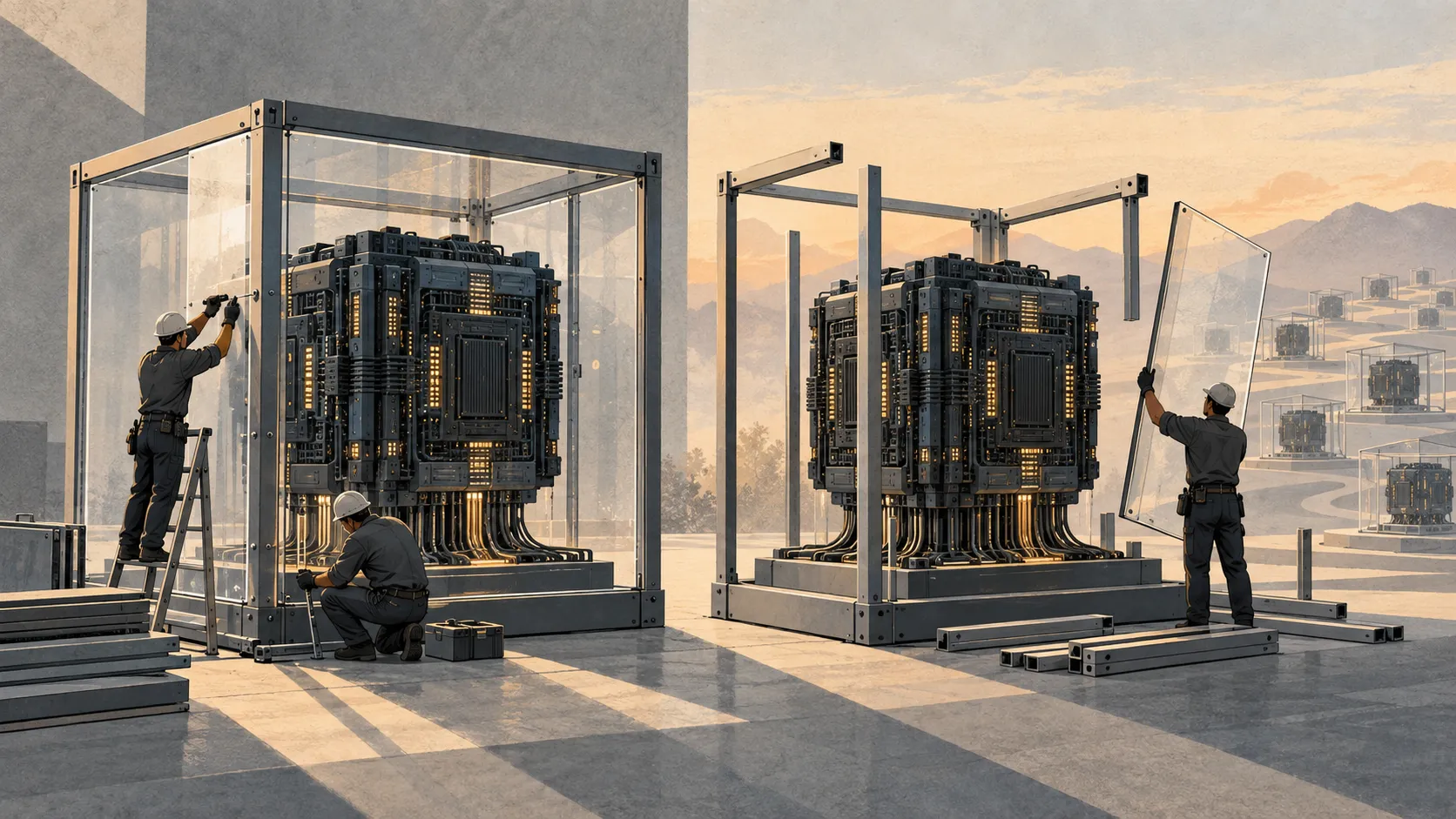 An illustration of people reinforcing the enclosure around one AI system while an operator dismantles the enclosure around another, with copies extending into the background.