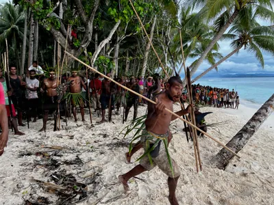 Participants with long poles line the beach beneath the palms.