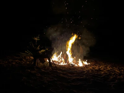 A large bonfire burns on the beach at night.